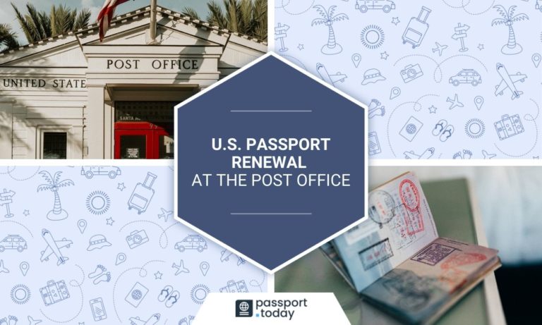 U.S. Post Office building, opened passport on a desk, text “U.S. Passport Renewal At The Post Office”.