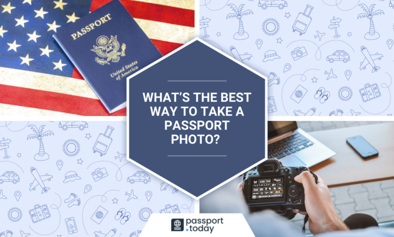 A passport laying on an American flag & a person holding a camera in front of a laptop and a title in the middle “What’s the best way to take a passport photo?”