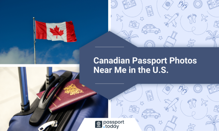 Canadian flag & a passport on a suitcase. On the right, it is written “Canadian Passport Photo Near Me in the U.S.”