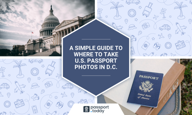 The Capitol Building of the US, Washington, D.C.; an American passport laying on the book; text “A Simple Guide to Where to Take U.S. Passport Photos in D.C. ”
