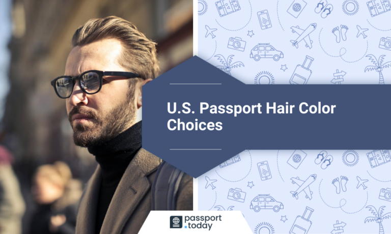 A man with glasses, blonde hair and beard & a title on the right side: “U.S. Passport Hair Color Choices”.