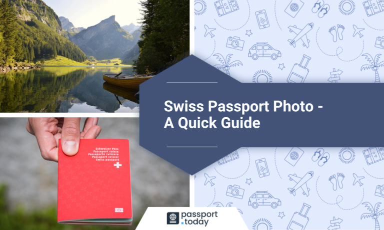 Switzerland, a hand holding a cover of a Swiss passport; text “Swiss Passport Photo - A Quick Guide ”