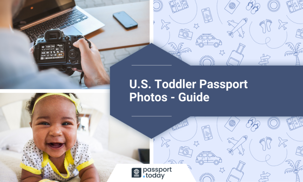 A person holding a digital camera in front of a laptop, and a toddler. Guide on U.S. toddler passport photos