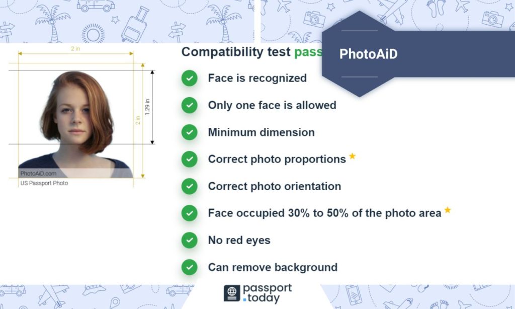 Preview of PhotoAiD's passport photo transformation with results of a compatibility test on aside.