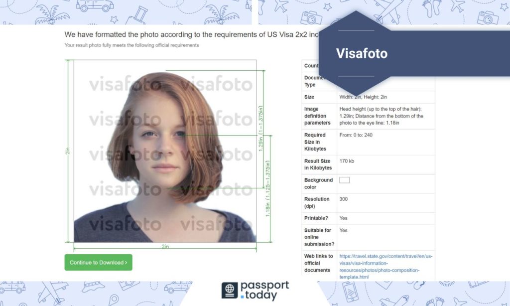 Preview of Visafoto's passport photo transformation with basic image details indicated on the side.