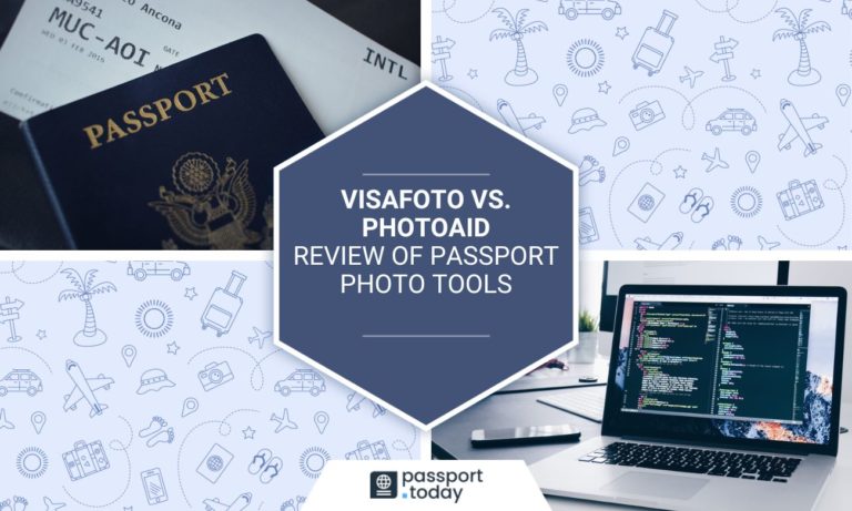 Passport book on a plane ticket, laptop with a software running, text Visafoto vs PhotoAiD - review of passport photo tools.
