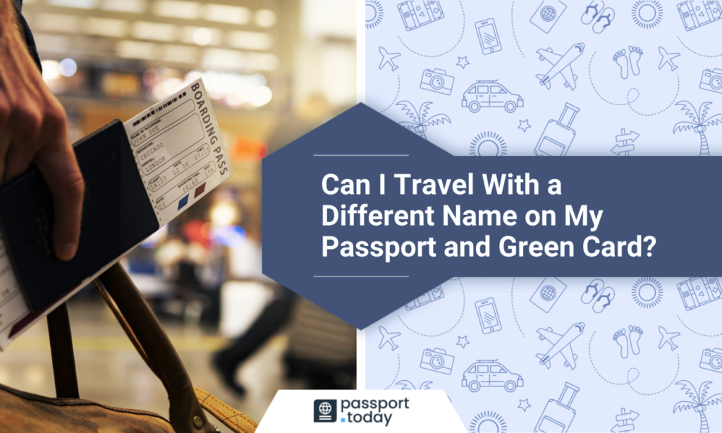 A hand holding an airline ticket with a text can I travel with a different name on my passport and Green Card