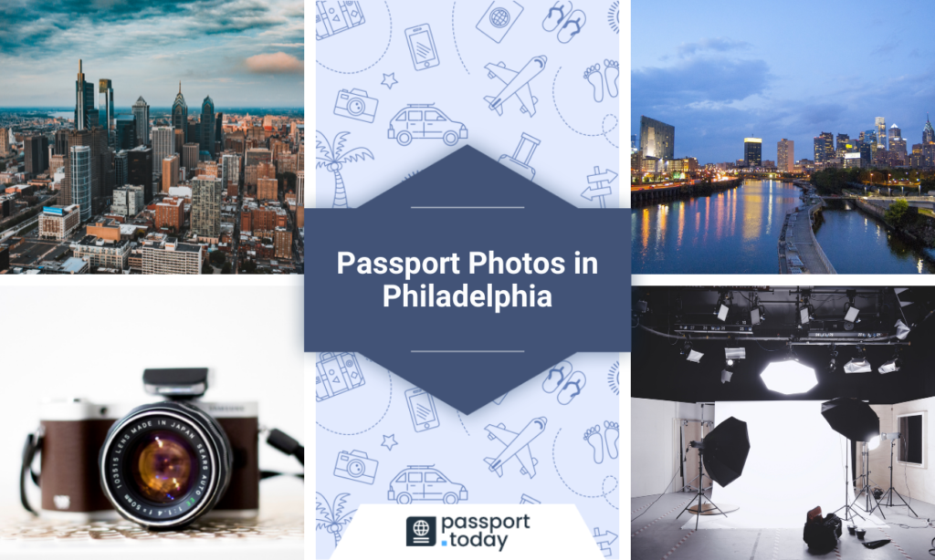 Two pictures of Philadelphia’s panorama, a photo studio, a camera and a title in the middle: “Passport Photos in Philadelphia”.