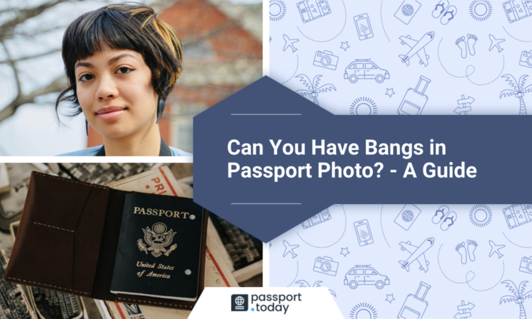 an american passport and a woman with bangs with a text saying can you have bangs in passport photo