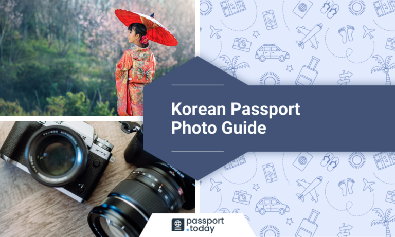 A Korean woman in traditional attire, two digital cameras and a title: “Korean Passport Photo Guide”.