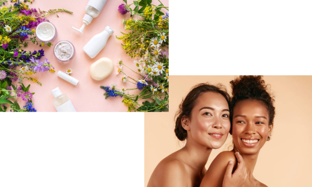 Makeup products surrounded by flowers and two women with natural makeup looks