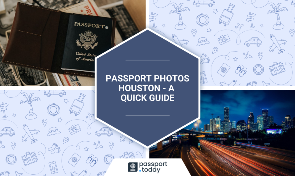An american passport and a panoramic view of Houston, a text: passport photos houston an efficient guide.