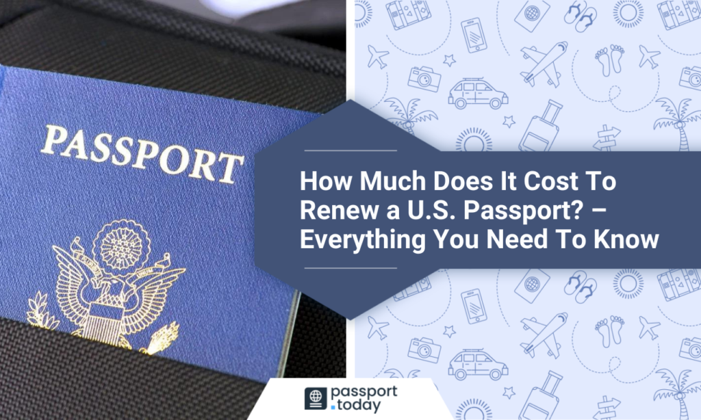 A blue-colored U.S. passport in the pocket of a backpack, text: how much does it cost to renew a passport?