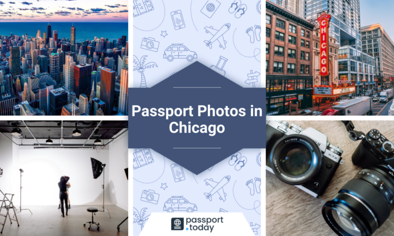 Two photos of Chicago’s panorama and State Street, a photo studio, two cameras and a title: “Passport Photos in Chicago”