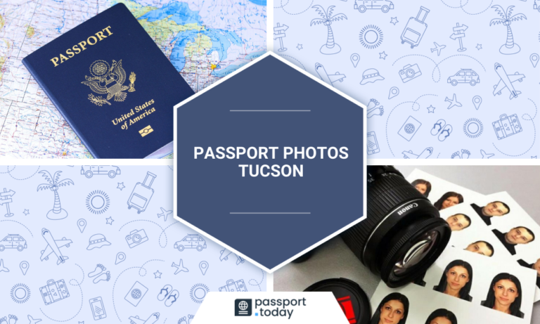 U.S. Passport, camera objective, and passport photos. In the center, the post title: “Passport photos Tucson”