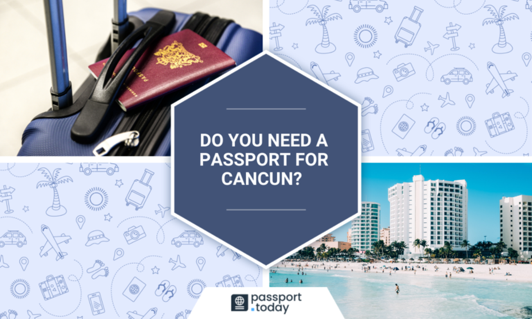 A passport lying on a travel case, a beach in Cancun and the title: “Do You Need a Passport for Cancun?”