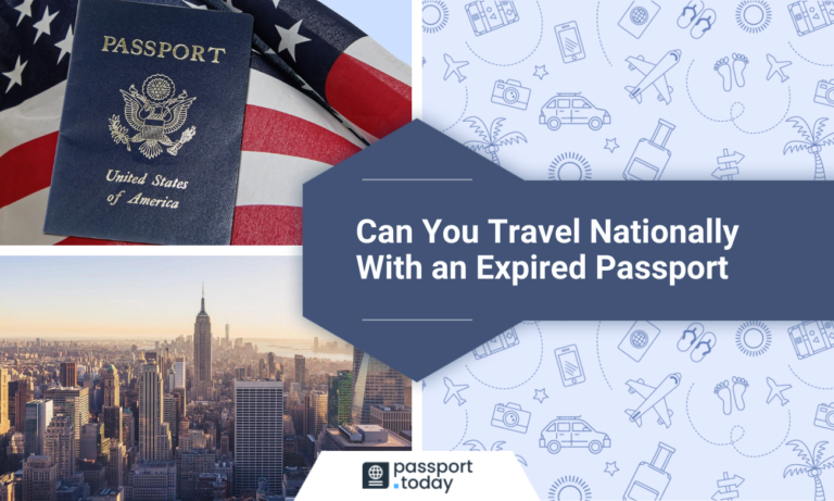 The U.S. passport and a view of New York with text saying: “Can You Travel Nationally With an Expired Passport.”