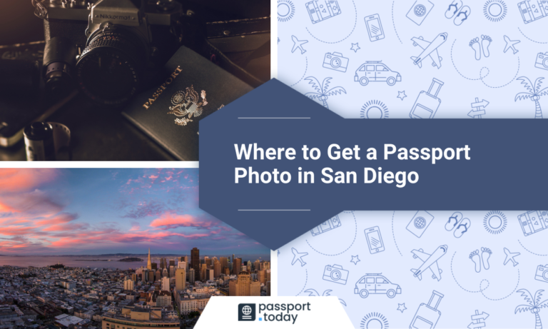 A camera and a passport, a panorama of San Diego and the title “Where to Get a Passport Photo in San Diego”