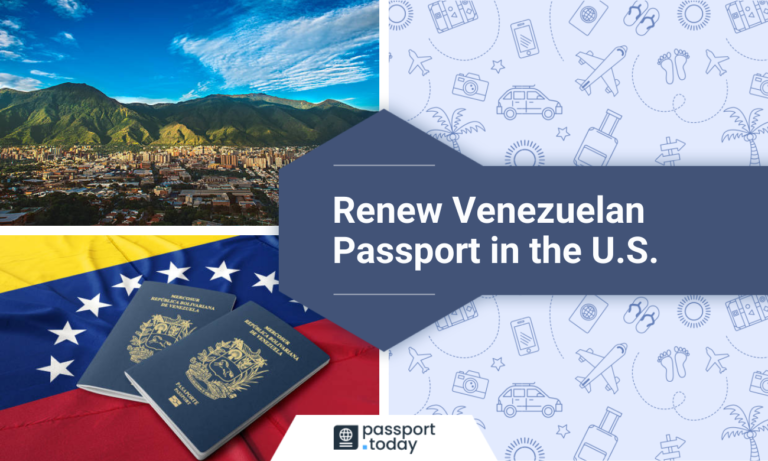 Venezuelan landscape, Venezuelan passports on a Venezuelan flag and the title “Renew Venezuelan Passport in the U.S.”